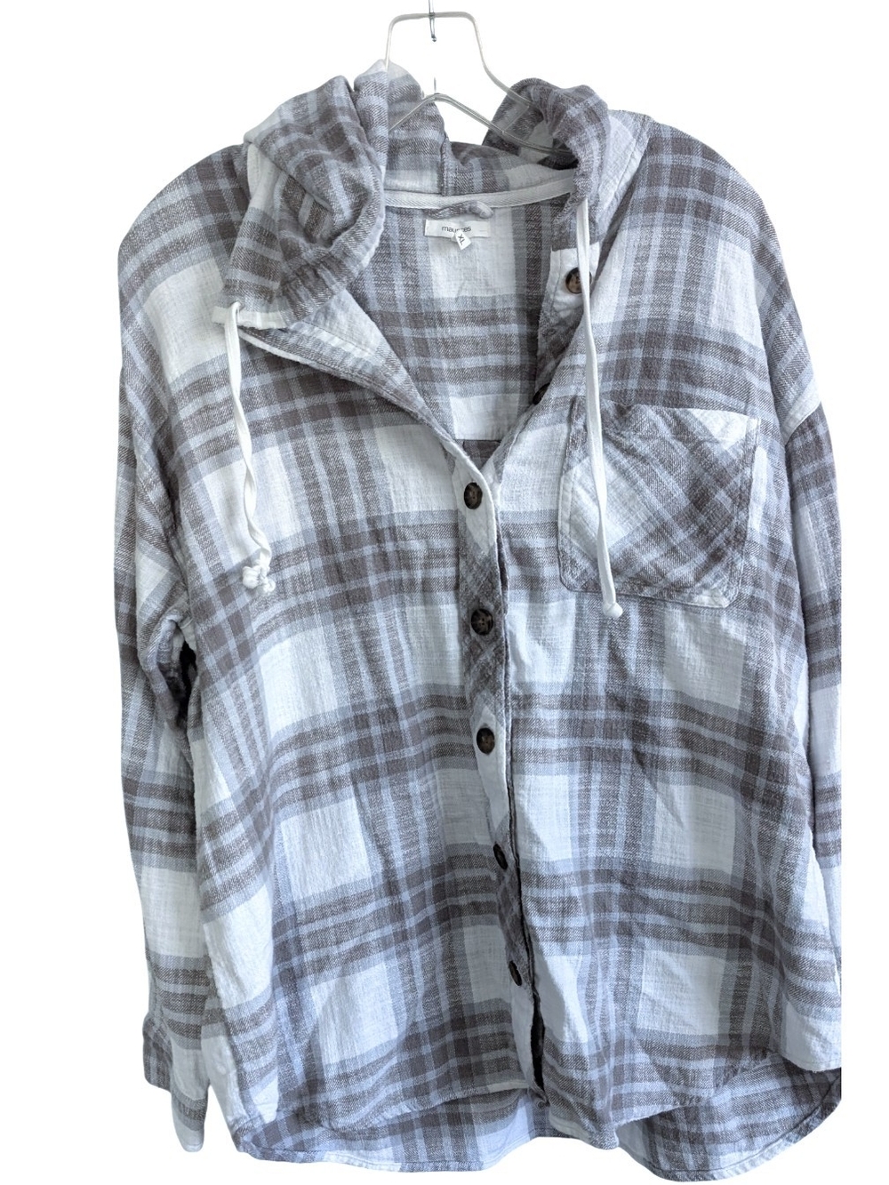 Maurices Plaid Hooded Flannel Button Down Shirt Taupe White Size XL